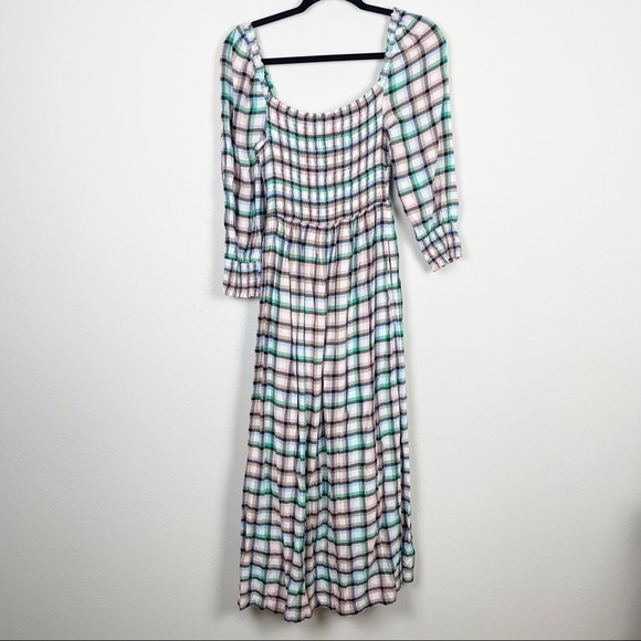 Anthropologie Maeve Cerie Picnic Plaid Square Neck Smocked Midi Dress Casual - Picture 3 of 8